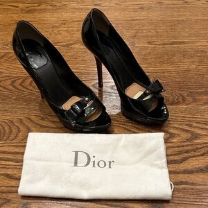 Christian Dior Glossy Patent Black Peep-Toe Heels With Platform